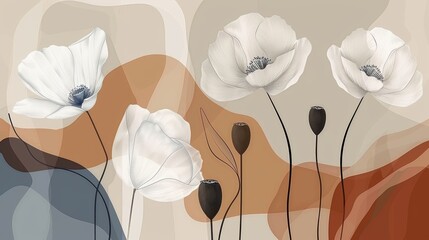 Abstract floral design, white poppy flowers, muted colors,  terracotta background, digital art, for wall decor
