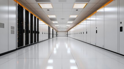 Obraz premium A clean, modern data center corridor lined with servers, showcasing a well-organized and high-tech environment.