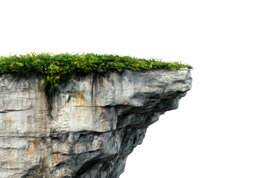 Rocky cliff edge with green grass on top, isolated on transparent cutout background