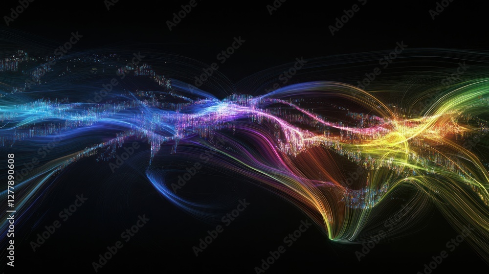Poster abstract colorful light streams flowing across a dark backdrop