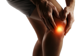 Close-up of male athlete suffering from knee pain, isolated on transparent cutout background