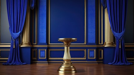 Fototapeta premium Royal blue and gold room with a pedestal in front