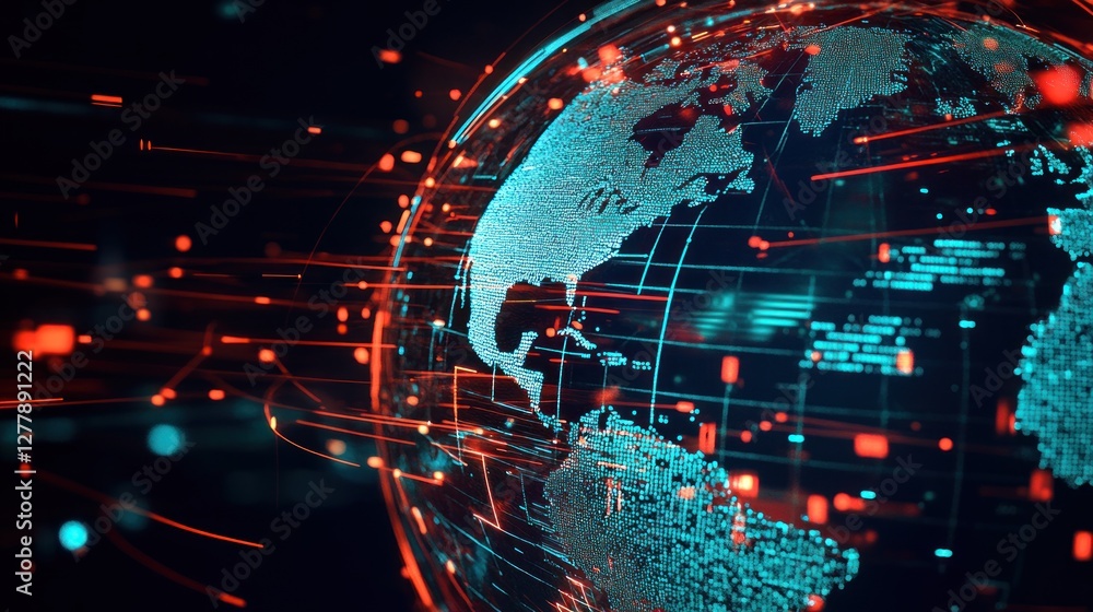 Poster digital globe displaying data transfer with bright lines and connections