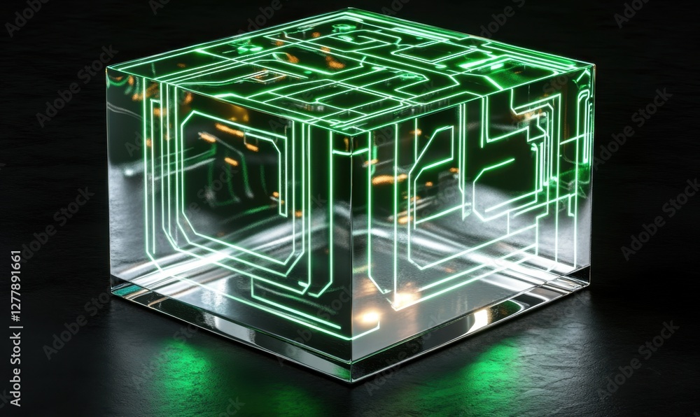 Poster a glowing acrylic cube with intricate circuit patterns illuminated by green lights on a dark surface