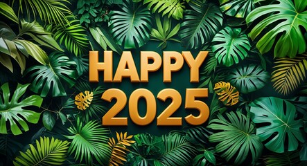 happy 2025 lettering on jungle leaves background