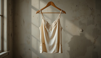 Elegant Satin Nightwear Hanging on Vintage Hanger – Luxury Silk Lingerie, Delicate Lace, Premium Fashion Photography
