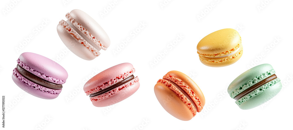 Poster set of colorful macarons floating in air, isolated on transparent cutout background