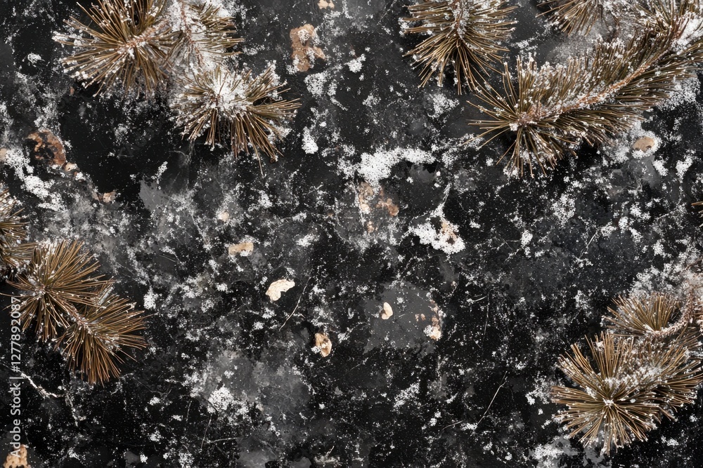 Aufkleber winter pine needles on dark surface with snow dust creating a moody and artistic background top view