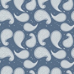 Seamless Pattern Blue Paisley Leaves Botanical. Soft paisley motif in navy blue muted backgound illustration. Winter breeze paisley repeat pattern background fabric.