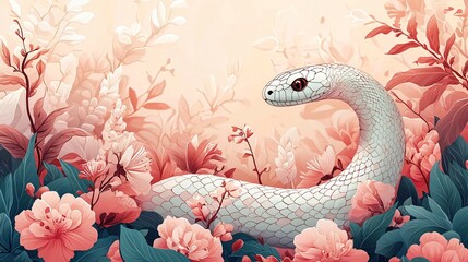 Obraz premium 2025 Chinese New Year of the Snake template. Serene white snake and flowers illustration with copy space. Ideal for lunar calendar designs and CNY greetings.