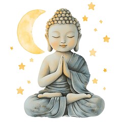 Serene Buddha Statue Under the Crescent Moon and Stars.