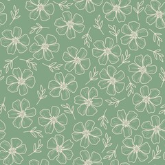 Seamless Pattern Vintage Soft Green Floral.  Outline Line Art Flower Illustration. Hand drawn Floral Blossom Repeat Pattern Background Fabric Textile. Vintage Floral Garden Pattern.
