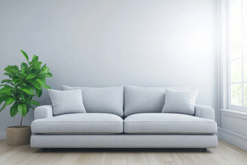 Cozy living room setup featuring a light gray sofa with cushions near large windows and a plant