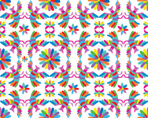 Otom&iacute; Style Pattern.Colorful Mexican Traditional Textile Embroidery Style. Seamless pattern with birds and flowers on white background