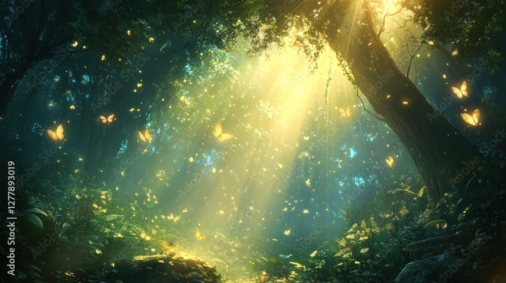 Poster enchanted forest scene with butterflies and sunlight filtering through trees