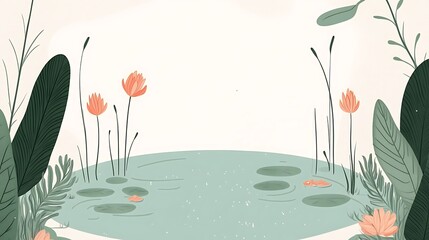 Serene Pond Scene With Peach Blossoms And Lush Greenery