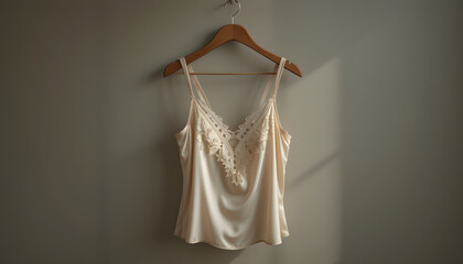 Elegant Satin Nightwear Hanging on Vintage Hanger – Luxury Silk Lingerie, Delicate Lace, Premium Fashion Photography
