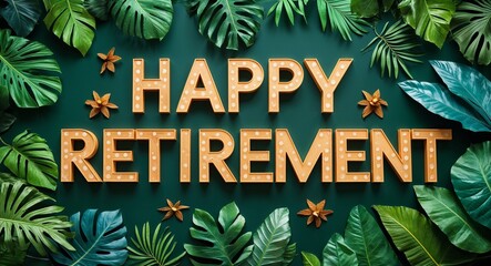 happy retirement lettering on jungle leaves background