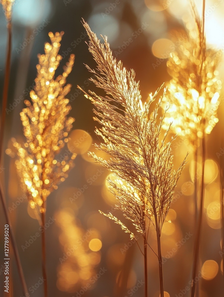 Aufkleber golden hour light illuminating delicate reeds in a serene meadow creating a warm and inviting atmosp