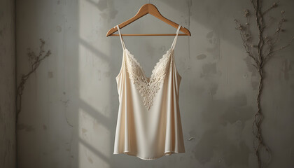 High-End Satin Lingerie with Lace – Minimalist Boudoir Aesthetic, Silk Camisole for Luxury Fashion Editorial
