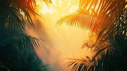 Fototapeta premium Tropical view framed by palm leaves against a bright sky