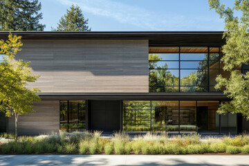 Fototapeta premium Modern architectural design of a house surrounded by trees in daylight