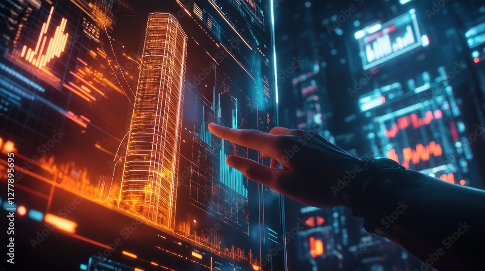 Poster a hand interacting with a futuristic data interface display