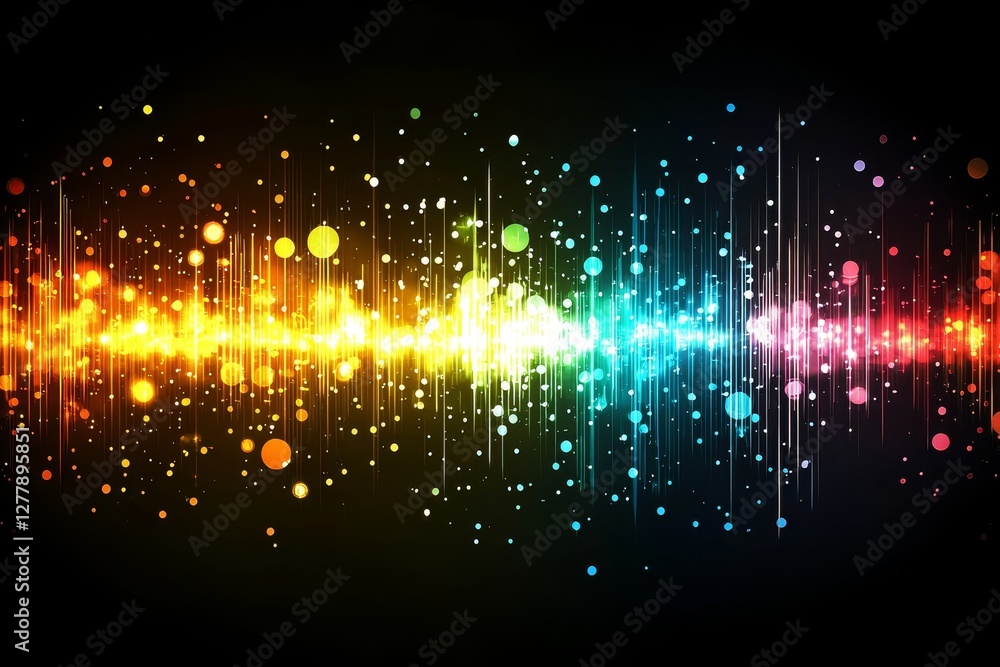 Poster vibrant multicolored light spectrum with dynamic sound waves and particles