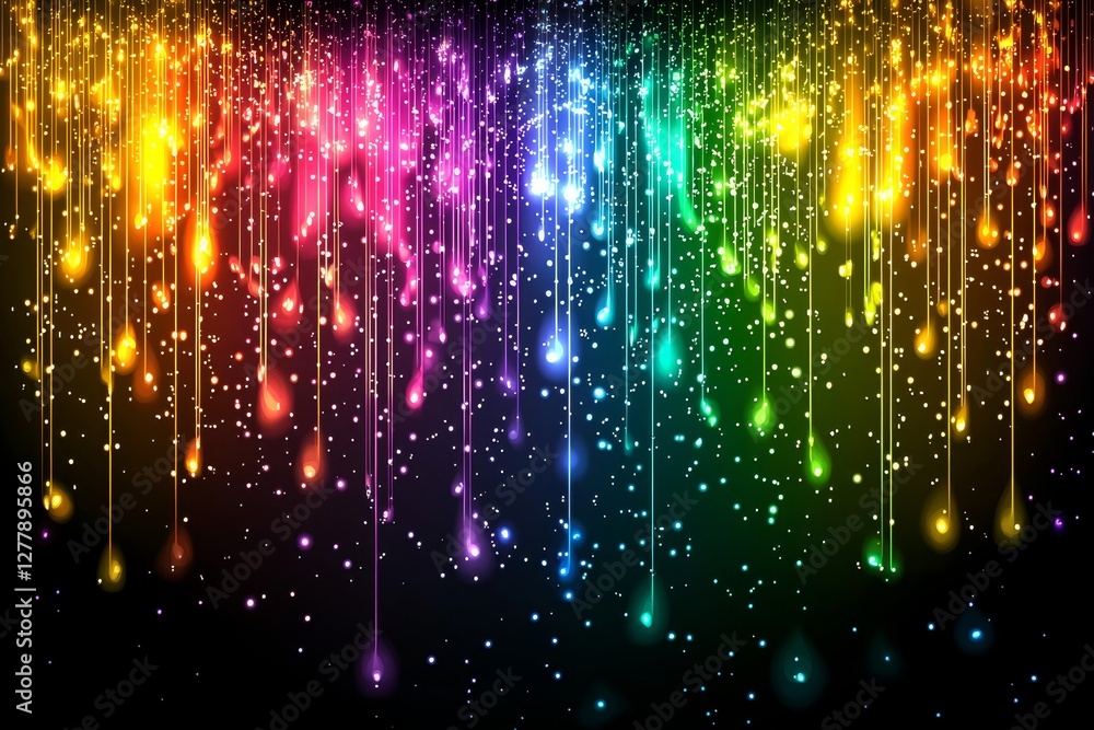 Poster vibrant rainbow droplets dripping in colorful abstract design with sparkling light effect