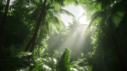 Naklejka premium Sun rays pierce through dense tropical palm tree canopy