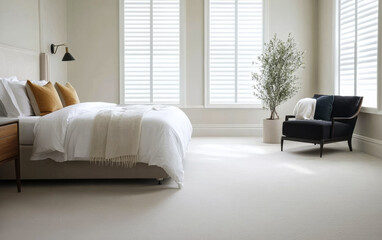 Fototapeta premium Elegant bedroom design featuring natural light and modern decor elements