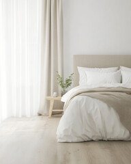 Cozy bedroom with large window and soft bedding in a serene environment