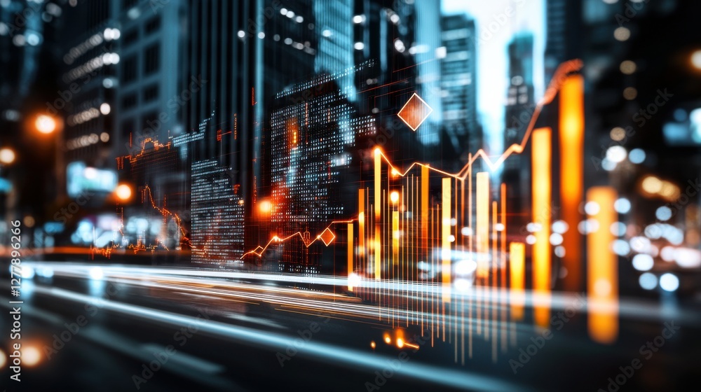 Aufkleber illuminated cityscape with blurred traffic and financial data visualizations
