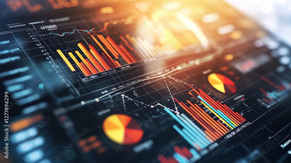 Poster futuristic finance analytics dashboard with colorful data visualizations for informed investment and