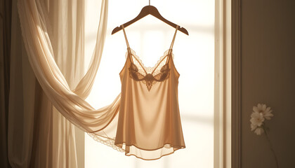Silk and Lace Lingerie Hanging on Wooden Hanger – Elegant Satin Camisole, Soft Lighting, Feminine Minimalist Look
