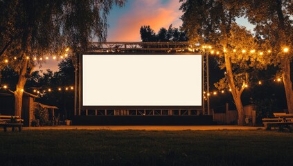 Outdoor Movie Screen at Dusk, Empty Blank Canvas, Garden Setting