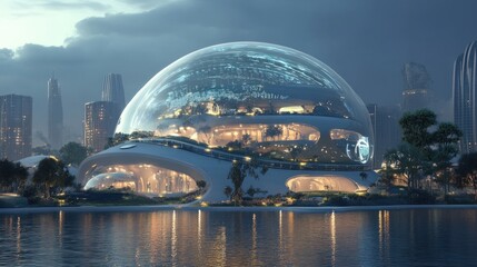 Futuristic Biodome Cityscape: A Nighttime Architectural Marvel