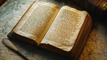 Obraz premium Old open book and feather quill pen on map