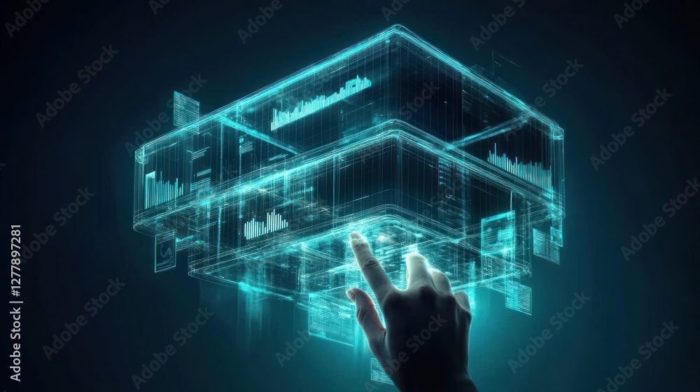 Poster hand interacting with holographic data cube on dark background