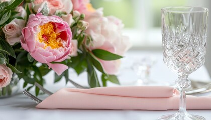 A spring-inspired table setting with blush pink napkins, crystal glasses, and fresh peonies, perfect for a bridal brunch or tea party.