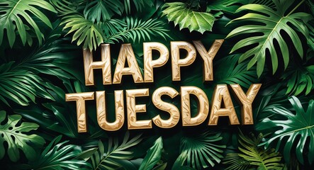 happy Tuesday lettering on jungle leaves background