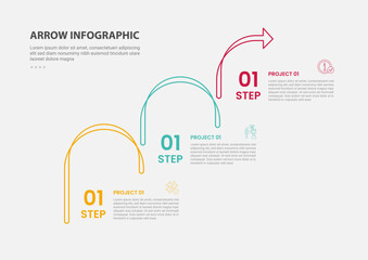arrow base infographic outline style with 3 point template with staircase round line step by step for slide presentation