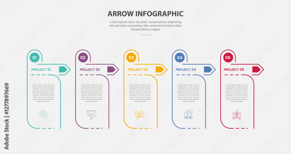Poster arrow base infographic outline style with 5 point template with creative table with circle and arrow
