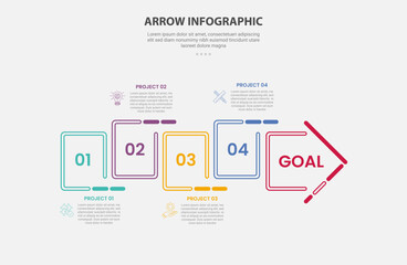 arrow base infographic outline style with 4 point template with square box container unconnected on horizontal direction for slide presentation