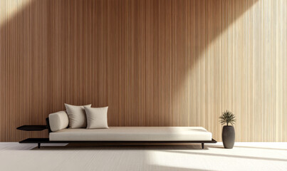 Minimalist interior design featuring a sleek daybed and natural decor elements