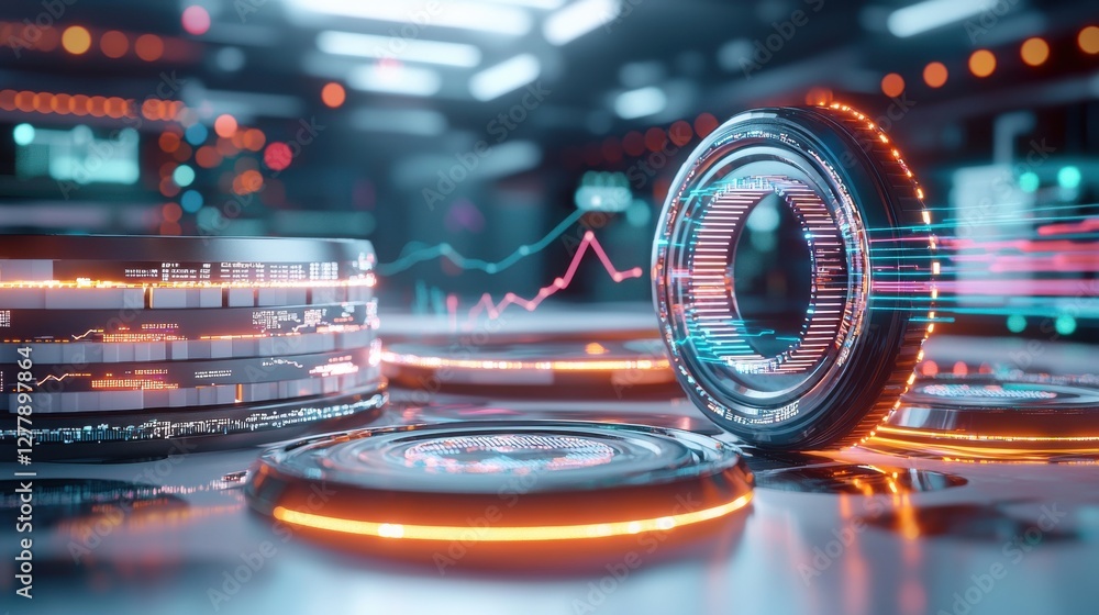 Poster futuristic digital interface with neon lights and abstract cyber design
