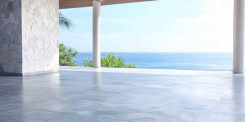 Serene ocean view from a modern open space with polished stone flooring