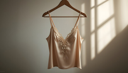 Silk and Lace Lingerie Hanging on Wooden Hanger – Elegant Satin Camisole, Soft Lighting, Feminine Minimalist Look

