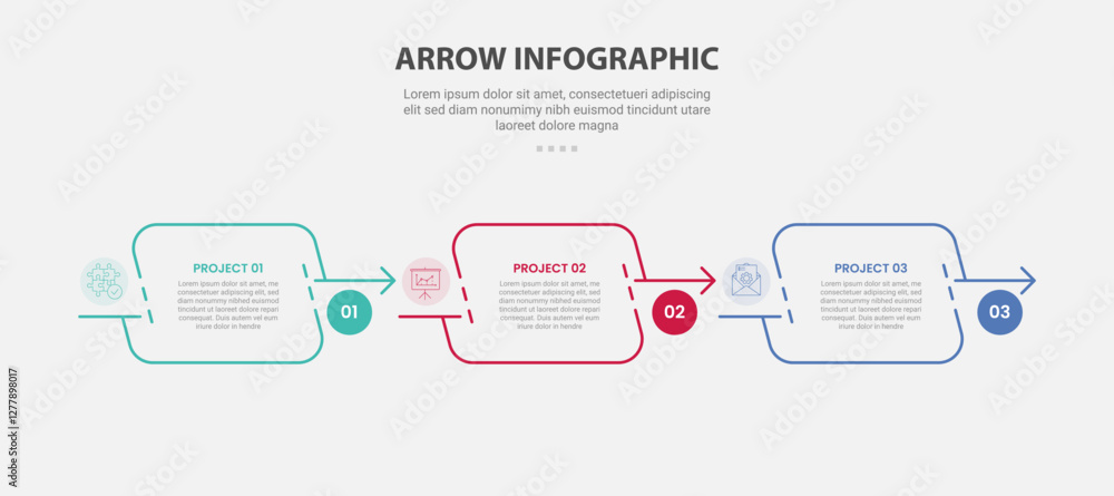 Aufkleber arrow base infographic outline style with 3 point template with skew round rectangle with arrow on r