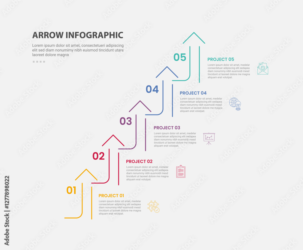 Aufkleber arrow base infographic outline style with 5 point template with arrow staircase ladder style for sli